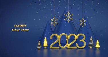 Happy New 2023 Year. 3D Golden metallic numbers 2023 with metallic cone shape pine, spruce trees, gold snowflakes and confetti on blue background. Xmas background, card, header. Vector illustration.