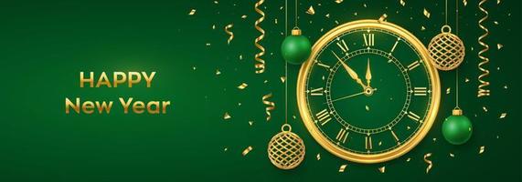 Happy New Year 2023. Golden shiny watch with Roman numeral and countdown midnight, eve for New Year. Background with shining gold and green balls. Merry Christmas. Xmas holiday. Vector illustration.