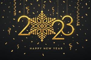 Happy New 2023 Year. Hanging Golden metallic numbers 2023 with shining snowflake and confetti on black background. New Year greeting card or banner template. Holiday decoration. Vector illustration.