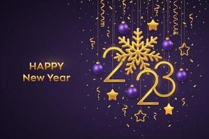 Happy New 2023 Year. Hanging Golden metallic numbers 2023 with shining snowflake and confetti on purple background. New Year greeting card or banner template. Holiday decoration. Vector illustration.