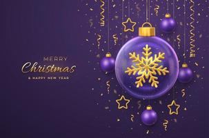 Merry christmas greeting card. Golden shining 3D snowflake in a glass bauble. Christmas purple background with hanging gold stars and balls. Holiday Xmas, New Year banner, flyer. Vector Illustration.