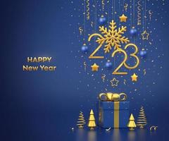 Happy New 2023 Year. Hanging golden metallic numbers 2023 with snowflake, stars and balls on blue background. Gift box and golden metallic pine or fir, cone shape spruce trees. Vector illustration.