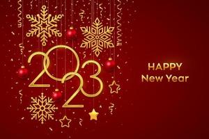 Happy New 2023 Year. Hanging Golden metallic numbers 2023 with shining snowflakes, 3D metallic stars, balls and confetti on red background. New Year greeting card or banner template. Vector. vector