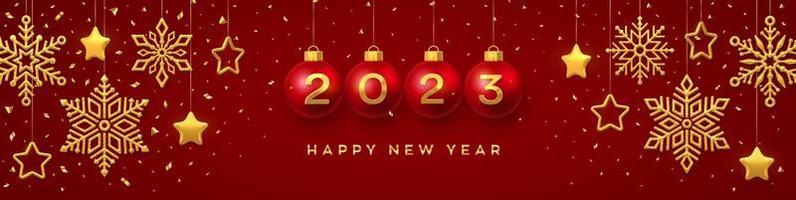 Happy New Year 2023. Hanging red Christmas bauble balls with realistic golden 3d numbers 2023. Golden snowflakes and 3D metallic stars on red background. Holiday banner, header. Vector Illustration