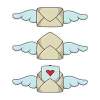 A set of colored icons, a simple beige vintage envelope with wings and hearts, a declaration of love, a vector illustration in cartoon style