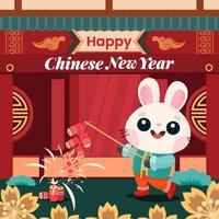 conejo jugando fuegos artificiales en el concepto de año nuevo chino vector