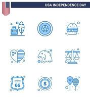 Set of 9 Vector Blues on 4th July USA Independence Day such as bird usa burger flag heart Editable USA Day Vector Design Elements