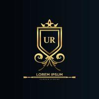 ur letra inicial con plantilla real.elegante con vector de logotipo de corona, ilustración de vector de logotipo de letras creativas.