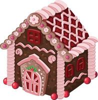 Postcard with hand drawnin gingerbread house isolated on night background. Christmas cookies and snowflakes. vector