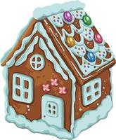 Postcard with hand drawnin gingerbread house isolated on night background. Christmas cookies and snowflakes. vector