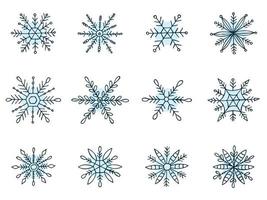 A set of hand-drawn snowflakes. Vector illustration in doodle style. Winter mood. Hello 2023. Merry Christmas and Happy New Year. Blue elements on a white background.