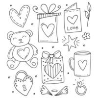 Big set of cute hand-drawn doodle elements about love. Message stickers for apps. Icons for Valentines Day, romantic events and wedding. vector