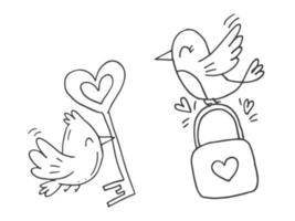 Set of cute hand-drawn doodle elements about love. Message stickers for apps. Icons for Valentines Day, romantic events and wedding. Two birds with a lock and a key in the shape of a heart. vector