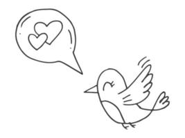 Set of cute hand-drawn doodle elements about love. Message stickers for apps. Icons for Valentines Day, romantic events and wedding. A bird sings a love song. vector