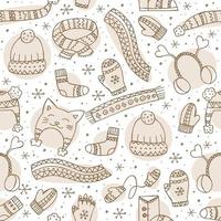 Hand-drawn winter clothing. Seamless pattern. Endless ornament. Vector illustration in doodle style. Winter mood. Hello 2023. Merry Christmas and Happy New Year. Brown elements on a white background.