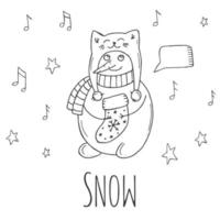 Cute snowman with stars and notes on a white background. Vector illustration in doodle style. Winter mood. Hello 2023. Merry Christmas and Happy New Year.