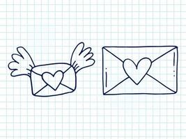 Set of cute hand-drawn doodle elements about love. Message stickers for apps. Icons for Valentines Day, romantic events and wedding. A checkered notebook. Envelopes with love letters and wings. vector