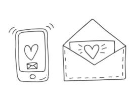 Set of cute hand-drawn doodle elements about love. Message stickers for apps. Icons for Valentines Day, romantic events and wedding. Envelopes with letters and wings and phone with message and heart. vector