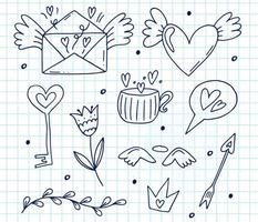 Big set of cute hand-drawn doodle elements about love. Message stickers for apps. Icons for Valentines Day, romantic events and wedding. A checkered notebook. vector