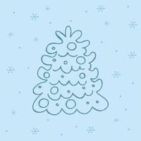 A hand-drawn christmas tree. Vector illustration in doodle style. Winter mood. Hello 2023. Merry Christmas and Happy New Year. Dark blue element with a snowflakes on a blue background.