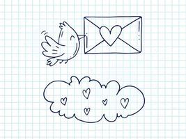 Set of cute hand-drawn doodle elements about love. Message stickers for apps. Icons for Valentines Day, romantic events and wedding. Checkered notebook. A bird with envelope and love letter in cloud. vector