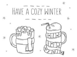 Set of a warming winter drinks on a white background. Vector illustration in doodle style. Winter mood. Hello 2023. Merry Christmas and Happy New Year.