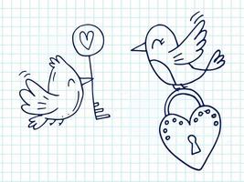 Set of cute hand-drawn doodle elements about love. Message stickers for apps. Icons for Valentines Day, romantic events and wedding. Checkered notebook. Birds with lock and key in the shape of heart. vector