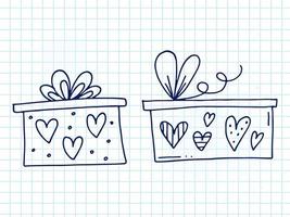 Set of cute hand-drawn doodle elements about love. Message stickers for apps. Icons for Valentines Day, romantic events and wedding. A checkered notebook. Gift boxes with ornaments, bows and hearts. vector