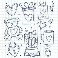 Big set of cute hand-drawn doodle elements about love. Message stickers for apps. Icons for Valentines Day, romantic events and wedding. A checkered notebook. vector