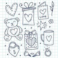 Big set of cute hand-drawn doodle elements about love. Message stickers for apps. Icons for Valentines Day, romantic events and wedding. A checkered notebook. vector