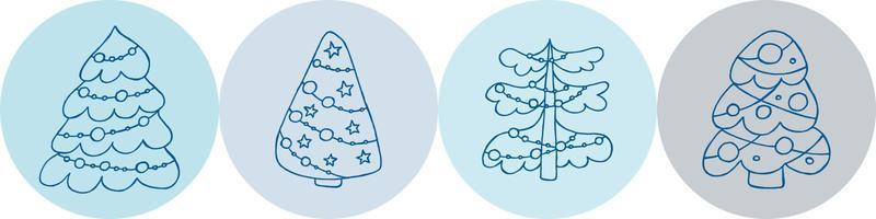 A set of hand-drawn christmas trees. Vector illustration in doodle style. Winter mood. Hello 2023. Merry Christmas and Happy New Year. Blue elements on a blue background.