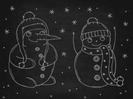 Set of cute snowmen on a black chalk board. Vector illustration in doodle style. Winter mood. Hello 2023. Merry Christmas and Happy New Year.