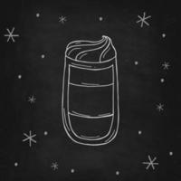 Glass of cappuccino or latte with a snowflakes on a black chalk board. Vector illustration in doodle style. Winter mood. Hello 2023. Merry Christmas and Happy New Year.