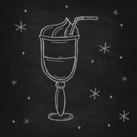 Glass of cappuccino or latte with a snowflakes on a black chalk board. Vector illustration in doodle style. Winter mood. Hello 2023. Merry Christmas and Happy New Year.