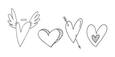 Big set of cute hand-drawn doodle elements about love. Message stickers for apps. Icons for Valentines Day, romantic events and wedding. Hearts with stripes, texture, with wings and Cupids arrows. vector