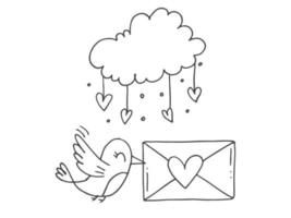 Set of cute hand-drawn doodle elements about love. Message stickers for apps. Icons for Valentines Day, romantic events and wedding. A bird with an envelope and a heart and a love letter with cloud. vector