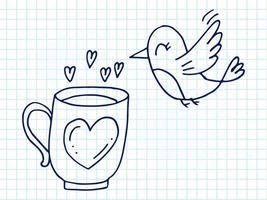 Set of cute hand-drawn doodle elements about love. Message stickers for apps. Icons for Valentines Day, romantic events and wedding. A checkered notebook. A bird and a cup with a heart. vector