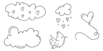 Set of cute hand-drawn doodle elements about love. Message stickers for apps. Icons for Valentines Day, romantic events and wedding. A bird with a balloon in the sky with clouds. vector