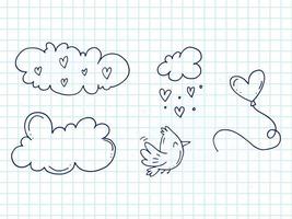 Set of cute hand-drawn doodle elements about love. Message stickers for apps. Icons for Valentines Day, romantic events and wedding. A checkered notebook. A bird with balloon in the sky with clouds. vector