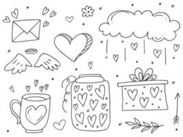 Big set of cute hand-drawn doodle elements about love. Message stickers for apps. Icons for Valentines Day, romantic events and wedding. vector