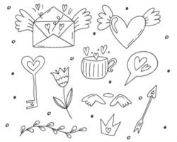 Big set of cute hand-drawn doodle elements about love. Message stickers for apps. Icons for Valentines Day, romantic events and wedding. vector