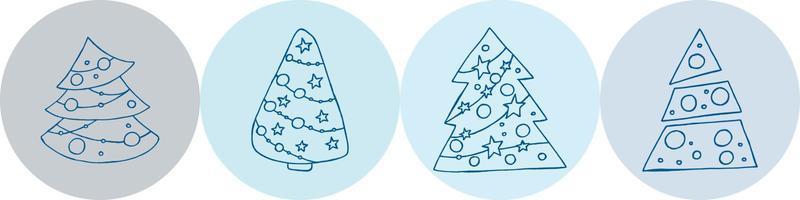 A set of hand-drawn christmas trees. Vector illustration in doodle style. Winter mood. Hello 2023. Merry Christmas and Happy New Year. Blue elements on a blue background.