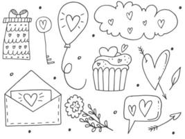 Big set of cute hand-drawn doodle elements about love. Message stickers for apps. Icons for Valentines Day, romantic events and wedding. vector