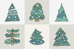 A hand-drawn christmas tree. Vector illustration in doodle style. Winter mood. Hello 2023. Merry Christmas and Happy New Year. Green trees with a blue toys on a gray background.