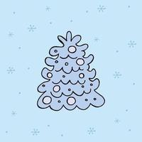 A hand-drawn christmas tree. Colored vector illustration in doodle style. Winter mood. Hello 2023. Merry Christmas and Happy New Year. Blue tree with toys on a background with a snowflakes.