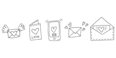 Set of cute hand-drawn doodle elements about love. Message stickers for apps. Icons for Valentines Day, romantic events and wedding. Envelopes with letters and wings and phone with message and heart. vector