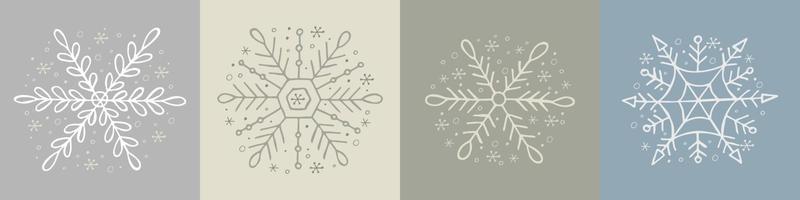 un conjunto de copos de nieve dibujados a mano. ilustración vectorial en estilo garabato. estado de ánimo de invierno. hola 2023. feliz navidad y próspero año nuevo. elementos blancos y grises sobre un fondo gris. vector