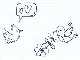 Set of cute hand-drawn doodle elements about love. Message stickers for apps. Icons for Valentines Day, romantic events and wedding. Checkered notebook. Bird sings love song and her lover with flower. vector
