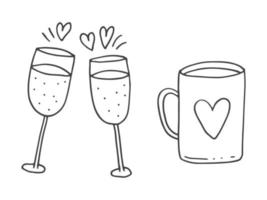 Set of cute hand-drawn doodle elements about love. Message stickers for apps. Icons for Valentines Day, romantic events and wedding. Cups with a love drink and hearts and champagne. vector