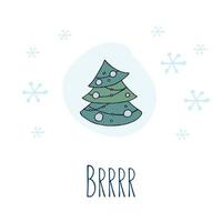 A hand-drawn christmas tree. Colored vector illustration in doodle style. Winter mood. Hello 2023. Merry Christmas and Happy New Year. Green tree with a blue toys and snowflakes on a white background.